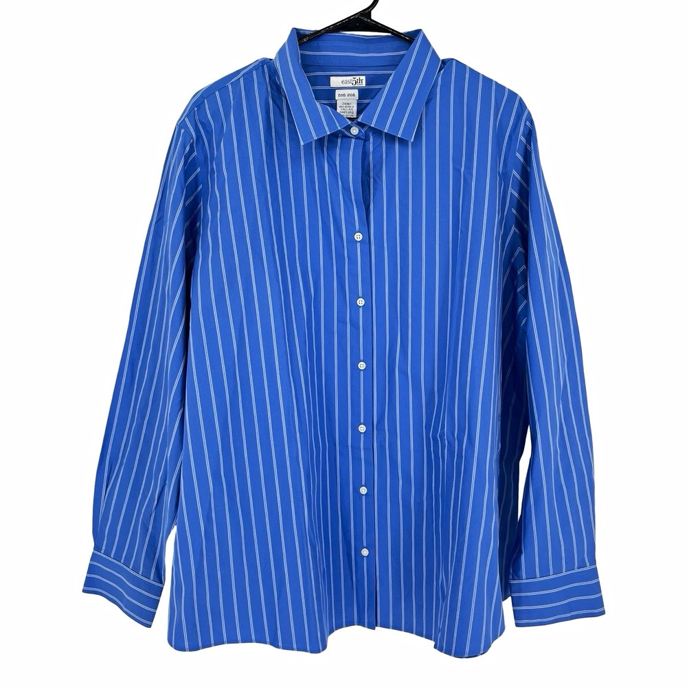 East 5th Women's 24W Blue White Stripe Button Down Shirt Non Iron Cotton Plus